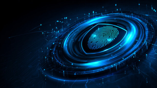 Artificial Intelligence data protechtion with Finger Print Scan in shield symbol and Surrounded network curved lines blue light effect on dark blue background vector design concept for cyber security.