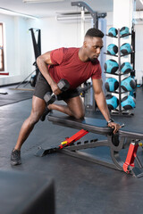 African American adult male wearing maroon shirt lifting hex dumbbell on flat bench at gym © wavebreak3