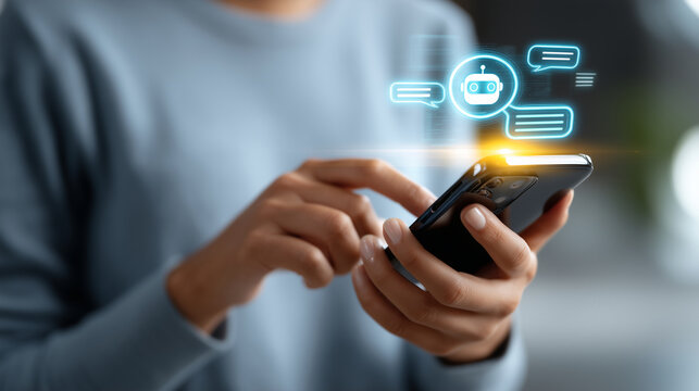 A close-up of a Japanese person holding a smartphone in both hands and tapping the screen with their fingers. A modern business casual setting. A glowing, holographic chatbot inter