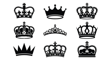 Royal crown icons set, black heraldic tiara symbols, 9 vector king crowns © Designhoost Ltd