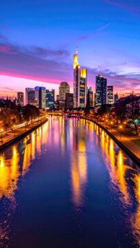 A stunning long-exposure photograph captures the vibrant cityscape of Frankfurt, Germany, reflected in the Main River at dusk, showcasing a mesmerizing blend of urban architecture and colorful sky.