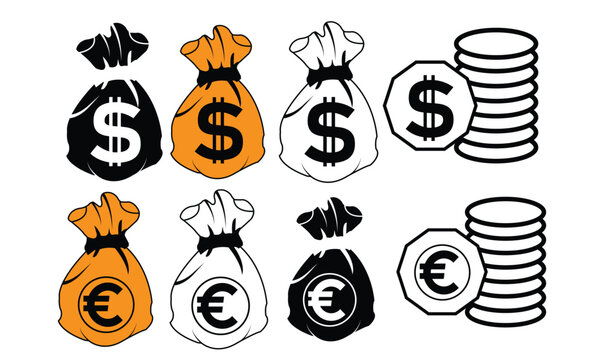 Money Bag and Coin Icon Set Vector, Dollar and Euro Currency Symbols
