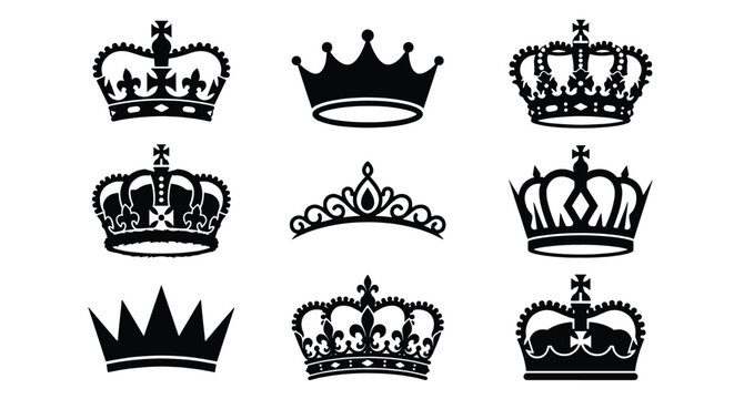 Royal crown icons set, black heraldic tiara symbols, 9 vector king crowns