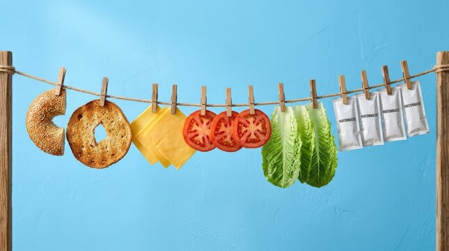 Bagel halves, cheese slices, tomato, lettuce and mayonnaise packets hanging neatly on a clothesline against a blue background, quirky food styling and playful composition, ultra-realistic, no logos.