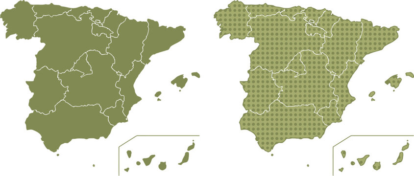 Spain map displays two variations including a solid fill and a patterned grid for professional geographic presentations.