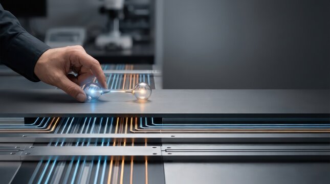 Human hand aligning dual light connectors on circuit pathway with wide copy space for system integration, signal transfer, enterprise technology communication and research header