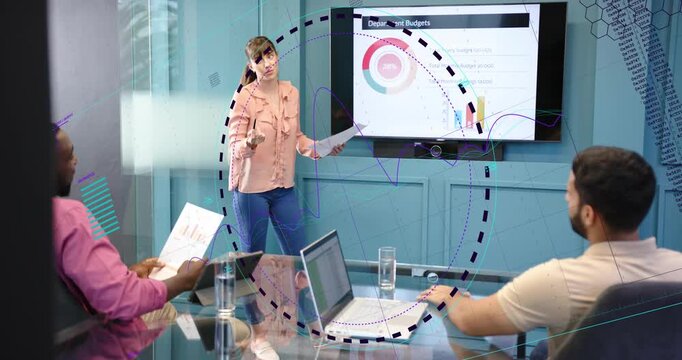 Presenter leading budget meeting, pointing pie chart and starting dashed overlay, team on laptop