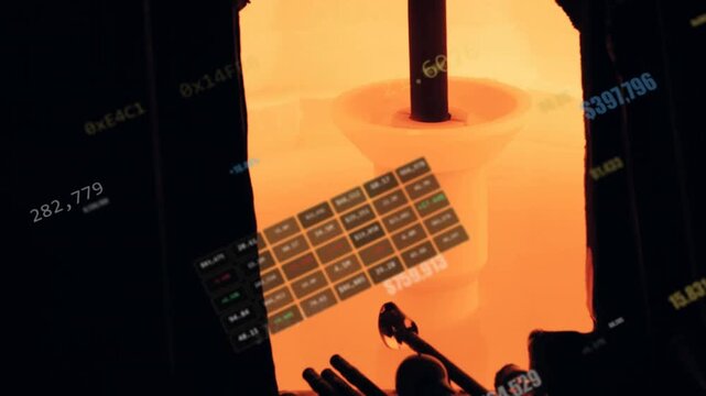 Data overlay appearing probe moving and numeric readouts updating for control over foundry crucible