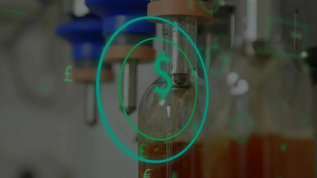 Central flask amber liquid, camera zooming out revealing lab as teal currency pulsing showing value