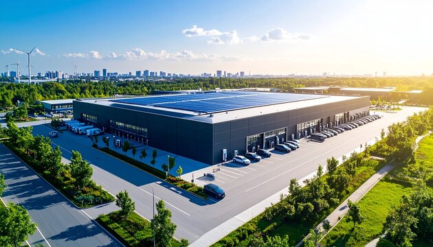 Clean energy industrial park with electric vehicle charging stations captured from aerial view under bright clear sky
