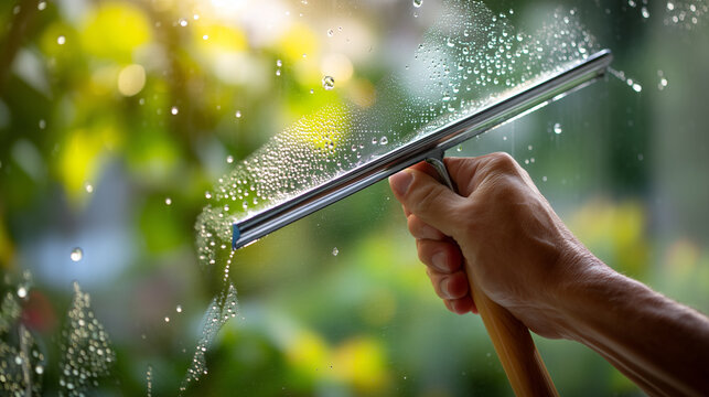 Close-up of a hand (faceless) using a squeegee to wipe a soapy window, sharp focus on the water droplets and clear glass streak, Spring Cleaning concept, bright sunny garden in the