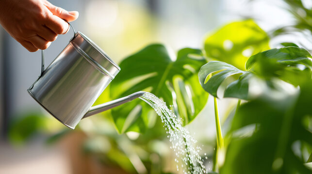 Close-up of a hand (faceless) using a minimalist metal watering can to water a lush green Monstera leaf, Urban Jungle concept, sharp focus on the water stream and leaf veins, soft