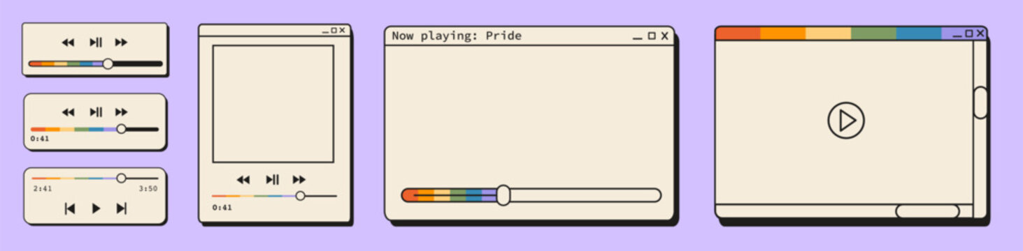 Retro computer music player windows and video frames with rainbow pride progress bars. Vintage y2k media interface, audio player popups, and nostalgic browser elements for digital design. Vector