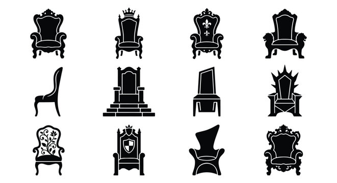 Royal throne icons set, black king chair silhouettes, 12 vector elements