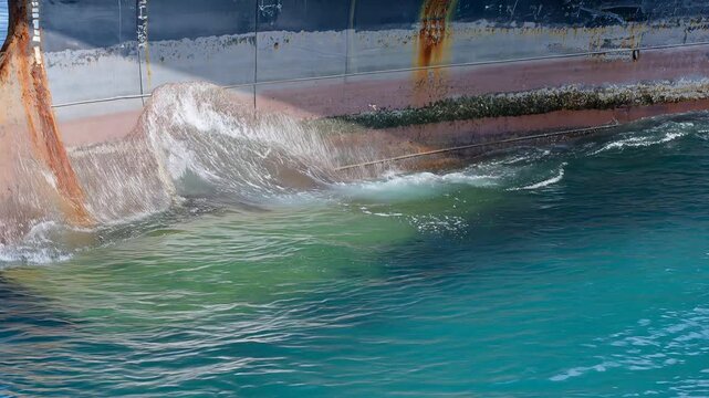 Industrial Ship Hull in Turquoise Water with Rust and Damage, Waves Crashing Against Metal Structure