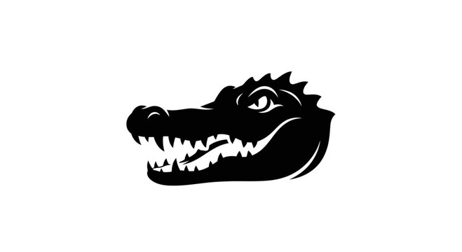Black Silhouette of Alligator Head with Sharp Teeth on White Background