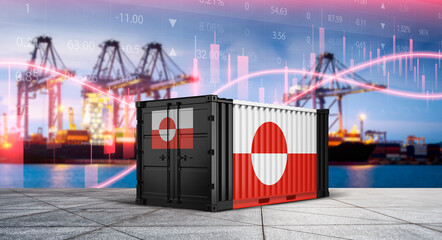Greenland's Shipping Container in Global Trade: A shipping container emblazoned with Greenland's flag stands prominently. © bao