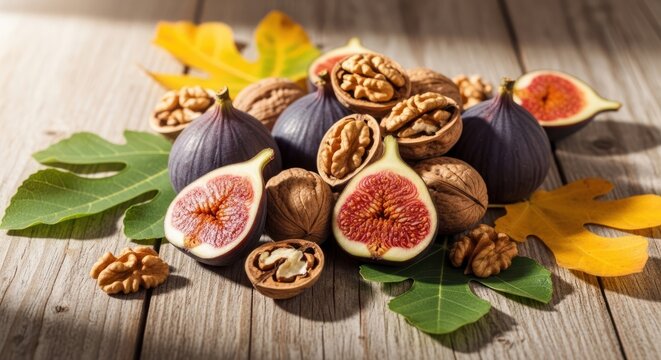 Fresh figs and walnuts on wooden table
