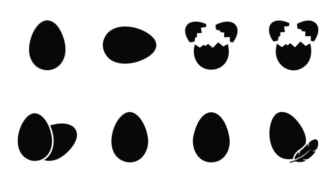 Black egg silhouette icons, 8 poultry egg vector elements, broken egg shells