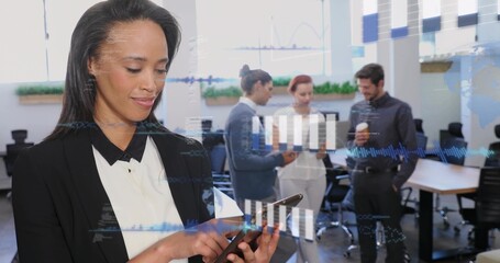 Tapping woman in dark-blazer light-blouse on tablet in office, data overlays, copy space © vectorfusionart