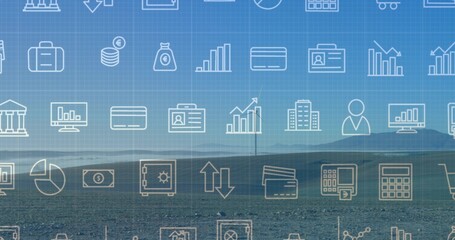 Fototapeta premium Overlaying faint icon grid covering coastal shoreline and low hills, with charts, briefcase, coins