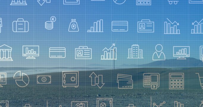 Overlaying faint icon grid covering coastal shoreline and low hills, with charts, briefcase, coins