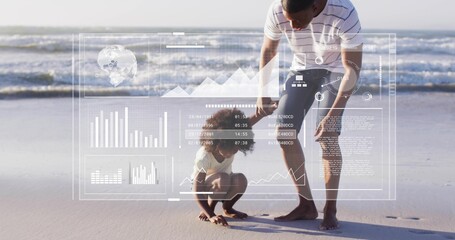 Fototapeta premium Reaching man wearing striped shirt guiding child touching wet sand on shore, with HUD overlay