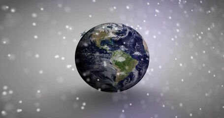 Fototapeta premium Floating real Earth globe showing Americas rotating above CGI gradient, with white bokeh, soft halo