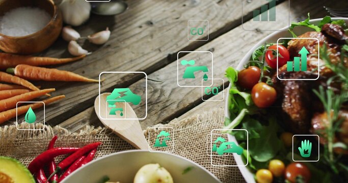 Displaying white serving bowl holding salad and roasted chicken on wooden table with overlay icons