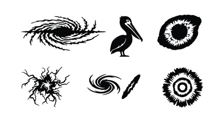 Obraz premium Vintage linocut icons, black ink spiral galaxy and pelican, 6 vector elements