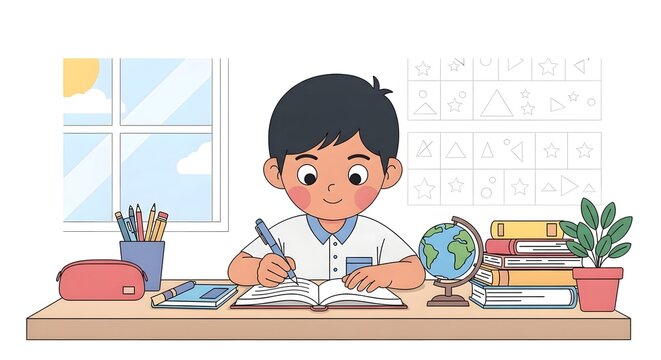 Cute Indonesian child studying at desk, reading book and writing, focused and happy expression, school supplies around, bright and inspiring atmosphere, soft pastel colors, flat vector style, educatio