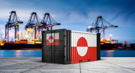 Greenlandic Shipping: A symbolic shipping container emblazoned with the Greenlandic flag stands proud against the backdrop of an active port, embodying concepts of global trade. © bao