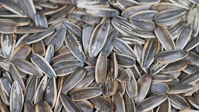 Closeup view of salted roasted sunflower seed shells and kernels. Highresolution macro photograph highlighting textured sunflower seeds with natural earthy hues