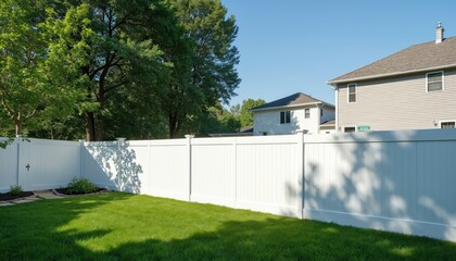 White vinyl fence separates backyard green grass lawn from neighboring houses. Tall trees provide shade on sunny day. Fence offers privacy and security for suburban home.