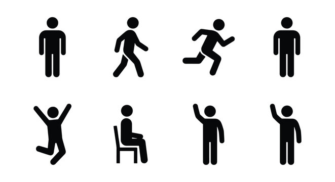 Stick figure person icons, 8 human action symbols, black vector man silhouettes