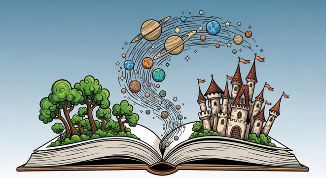 Whimsical illustration of an open book with fantasy landscape and planets emerging
