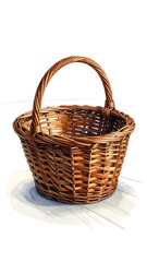 Obraz premium A brown wicker basket with a handle on a white background