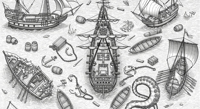 Collection of antique sailing ships and sea creatures in a chaotic arrangement.