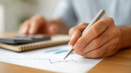 Fototapeta premium Faceless close-up of business strategy hands sketching a rising financial chart on bright paper with a marker, surrounded by a calculator and notebook, growth plan, financial management,