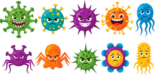 Fototapeta premium Cartoon Virus and Bacteria Characters Set with Angry, Sad, and Happy Faces for Health, Science, and Educational Designs