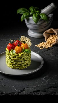 Fine Dining Architectural Pesto Trofie Pasta with Blistered Vine-On Tomatoes on Dark Slate