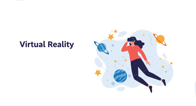 Virtual reality concept with a young woman wearing a headset and floating in a cosmic space with planets and stars.