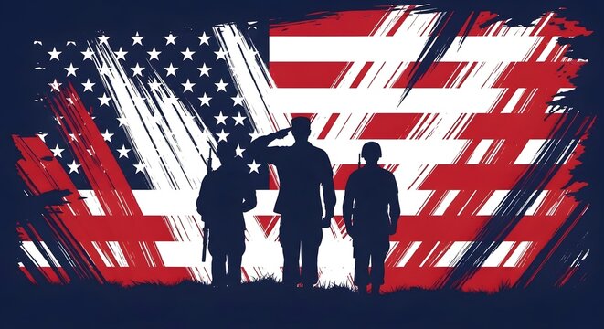 Silhouettes of three soldiers saluting against a distressed American flag, honoring veterans.