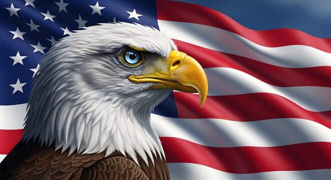 Bald eagle with intense blue eyes against the American flag, symbolizing strength and freedom.