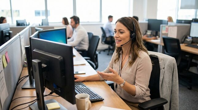 Customer Service Representative Engaged in Verbal Communication With a Client, Office Desk Setup, Headset, Professional Demeanor, Candid Interaction