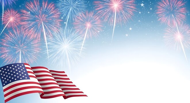 American flag waves proudly with colorful fireworks in the sky, celebrating national holidays.