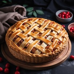 Obraz premium A delicious homemade pie with a lattice crust on a wooden plate
