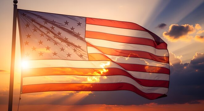 American flag waving at sunset with dramatic sunbeams and clouds, patriotic symbol of freedom.