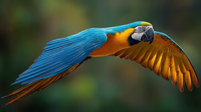 Majestic blue and gold macaw soars through the air with vibrant wings