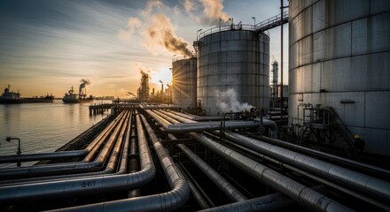 Obraz premium Industrial Plant at Sunset - Pipes and Tanks.